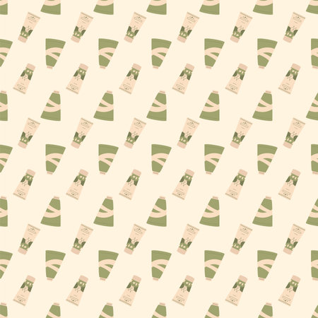 Hand lotion beauty tubes seamless pattern. Cosmetics cream repeat cover. Moisturizing face products endless background. Flat vector illustration.のイラスト素材