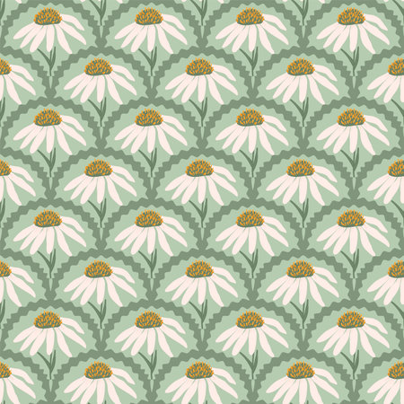 Camomile flowers seamless scalloped pattern. Floral white daisy endless background. Flowers Chamomile ornament. Vector hand drawn illustration.のイラスト素材