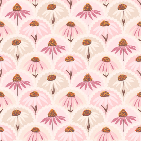 Purple coneflowers seamless pattern. Floral endless background. Purple echinacea flower scalloped pattern. Happy summer mood. Vector flat hand drawn illustration.のイラスト素材
