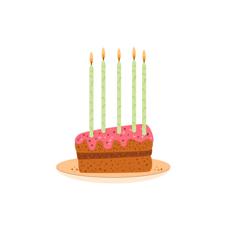 Birthday cake slice portion. Sweet holiday bakery piece. Pastry festive dessert with cream and candles for breakfast. Vector pie hand drawn flat illustration isolated on white background.のイラスト素材