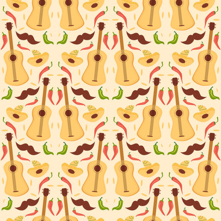 Mexican music festival seamless pattern. guitar and sombrero repeat background. Hats of mariachi musicians endless cover. Holiday loop ornament. Vector flat illustration.のイラスト素材