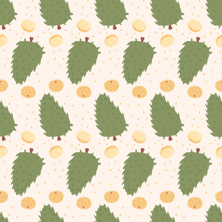 Tropical fruits seamless background. Guanabana and longan repeat pattern. Vector hand drawn flat...