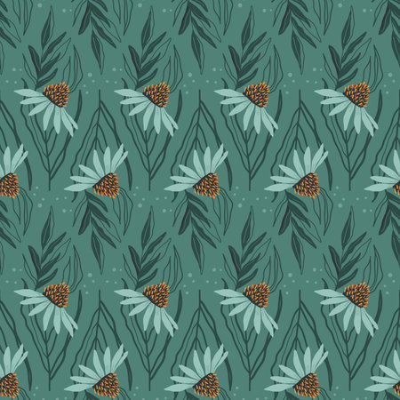 Mesmerizing seamless pattern depicting wildflowers in a night meadow, featuring blue blooms with...