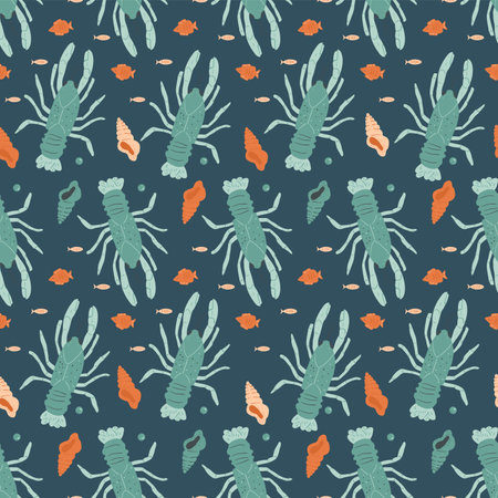 Seamless pattern with crawfishes and shells. Fish and crustacean repeat cover backdrop. Underwater sea life endless background. Marine world. Vector hand drawn flat illustration.のイラスト素材