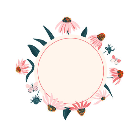 Coneflowers wreath isolated on white background. Floral circular frame. Circle scribble border of bouquet. Vector hand drawn illustration.のイラスト素材