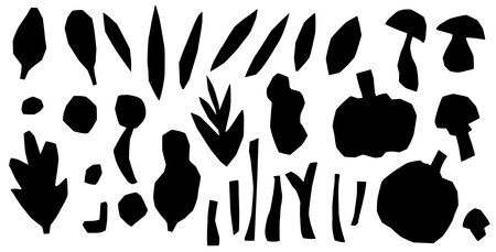 Set of cut out paper autumn silhouette shapes featuring leaves, pumpkins, mushrooms, and twigs and abstract shapes. Vector hand drawn illustration isolated on white background.のイラスト素材