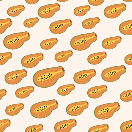 Papaya seamless pattern. Tropical ripe half slices repeat background. Vector hand drawn flat illustration.のイラスト素材