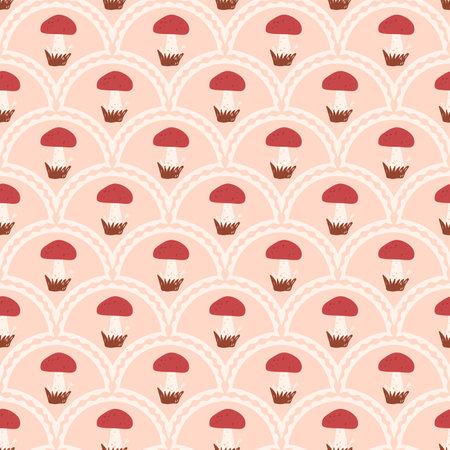 Red-headed mushrooms scallop seamless pattern. Arch mushroom picking repeat background. Autumn forest classic endless design. Vector hand drawn illustration.のイラスト素材
