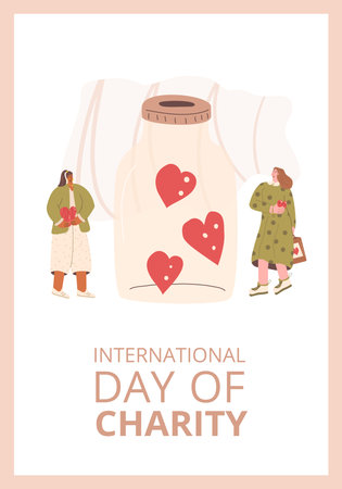 International day of charity concept template. Non-profit event invitation card. donation box background. Vector flat illustration.