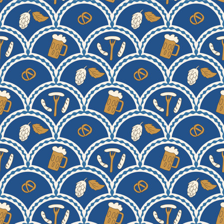 Beer scallop seamless pattern. Oktoberfest arch repeat background. Pretzel, sausage and mug with beverage retro endless design. Vector hand drawn doodle illustration.のイラスト素材