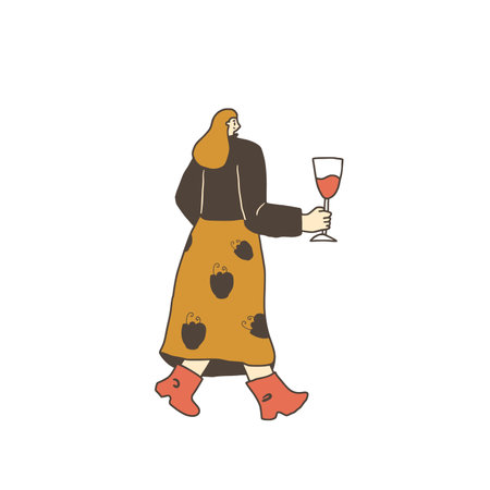 Woman with red wine glass. Cute character with alcohol beverage. Vector hand drawn doodle illustration isolated on white background.のイラスト素材