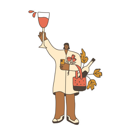 Wine lover. Woman with wineglass and bag with bottle. Cute character with alcohol beverage. Vector hand drawn doodle illustration isolated on white background.のイラスト素材