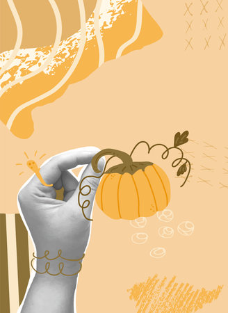 Autumn harvest collage background. Hand holding pumpkin. Vector mixed illustration.のイラスト素材