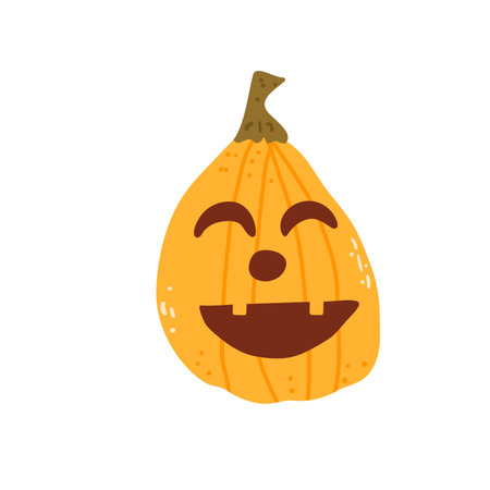 Halloween funny pumpkin isolated on white background. Textured stylized autumn ripe vegetable with spooky face. Festive carved lantern with tendrils and leaves. Vector hand drawn illustrationのイラスト素材