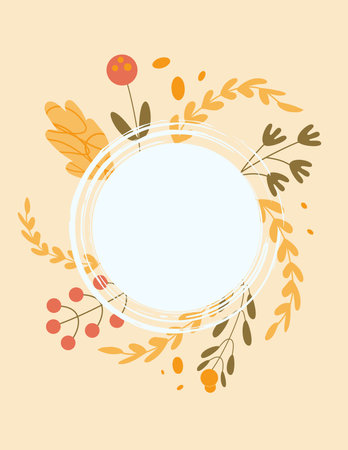Autumn background with wreath and copy space. Floral fall season abstract banner template with circular frame. Card with textured and naive decoration and round border. Vector illustrationのイラスト素材