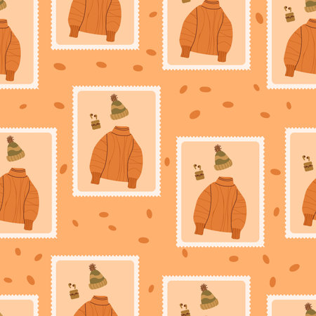 Autumn sad checked seamless pattern. Bento box autumn sweater and beanie repeat background. Fall loneliness retro stamps endless design. Vector hand drawn illustration.のイラスト素材