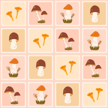 Various mushrooms checked seamless pattern. Bento box repeat background. Autumn forest harvest retro stamps endless design. Vector hand drawn illustration.のイラスト素材