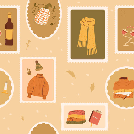 Winter checked seamless pattern. Bento box autumn repeat background. Hygge retro stamps and emblem endless design. Vector hand drawn flat illustration.のイラスト素材