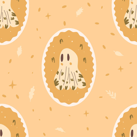 Halloween ghosts medallion seamless pattern. Oval emblem with ghoul repeat background. cute monster retro circular autumn festive badge endless surface design. Vector hand drawn flat illustration.のイラスト素材