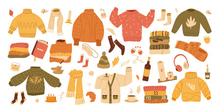Set of cozy autumnal sweaters, scarves, socks, and warm accessories. Fall clothes kit. Vector hand drawn flat collection illustration isolated on white background.のイラスト素材