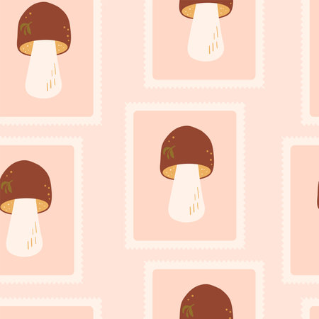Boletus mushrooms seamless checked pattern. Bento box repeat background. Autumn forest cep retro stamps endless design. Vector hand drawn illustration.のイラスト素材