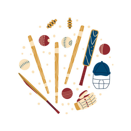 Cricket circle emblem. Sport equipment kit. Bats, cricket helmets, wickets and balls. Vector hand drawn flat collection illustration isolated on white background.のイラスト素材