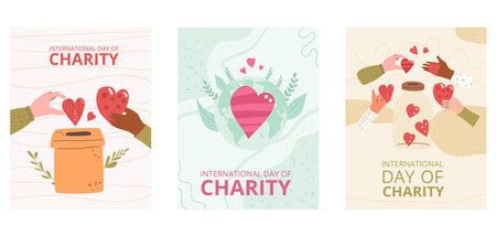 Set of International day of charity templates. Charitable event invitation. Planet Earth with heart and donation boxes greeting cards. Non-profit organizations design. Vector illustration.のイラスト素材