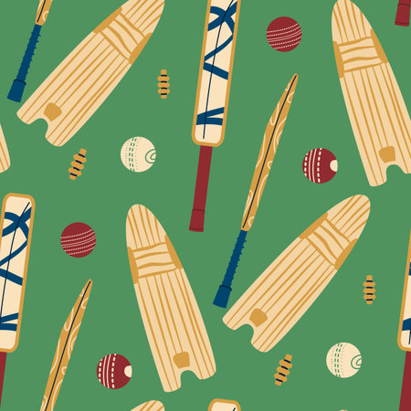 Cricket seamless pattern. Sport endless background. Bat, balls and leg pads repeat cover. Equipment continuous ornament. Vector hand drawn flat illustration.のイラスト素材