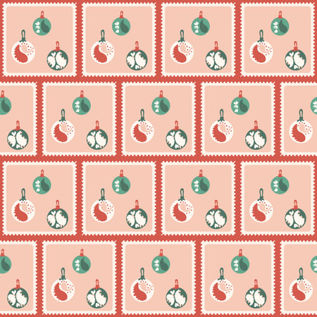 Christmas patchwork seamless pattern. Bento box Christmas balls repeat background. Quilt retro post stamps with paisley festive glass baubles endless design. Vector hand drawn flat illustration.のイラスト素材