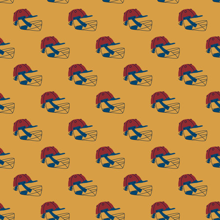 Cricket helmet seamless pattern. Head protect endless background. repeat cover. Sport game equipment continuous ornament. Vector hand drawn flat illustration.のイラスト素材