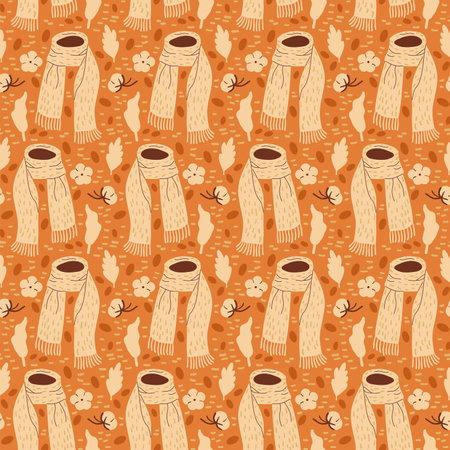 Scarf seamless pattern. Autumn cozy accessories endless background. Seasonal repeat cover. Fall continuous ornament. Vector hand drawn illustration.のイラスト素材