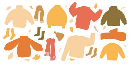 Set of cozy autumnal sweaters, scarves, socks, and warm accessories. Fall clothes kit. Vector hand drawn flat collection illustration isolated on white background.のイラスト素材