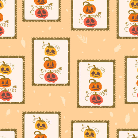 Halloween Pumpkins checked seamless pattern. Bento box repeat background. Jack o lantern retro stamps endless surface design. Vector hand drawn flat illustration.のイラスト素材