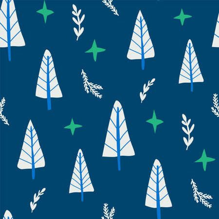Winter forest seamless pattern. Night festive trees endless background. Christmas calm repeat cover....