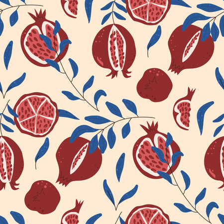 Seamless pattern with hand-drawn pomegranates, leaves and seeds on a light background. Vector hand drawn illustration.のイラスト素材