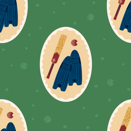 Cricket seamless pattern. Oval badge with bat, leg pads and ball endless background. Sticker repeat cover. Sport game equipment continuous ornament. Vector hand drawn flat illustration.のイラスト素材