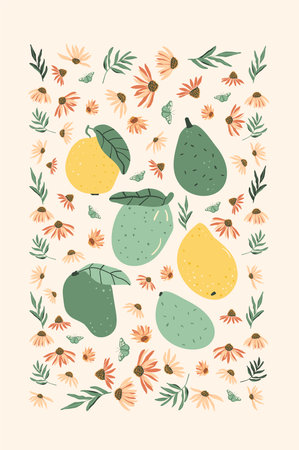 Flowers and fruits card. Peach, mango and wildflowers poster. Vector hand drawn flat illustrationのイラスト素材