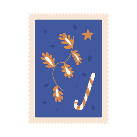Christmas postal stamp with candy cane and branches isolated on white background. Vector hand drawn illustrationのイラスト素材