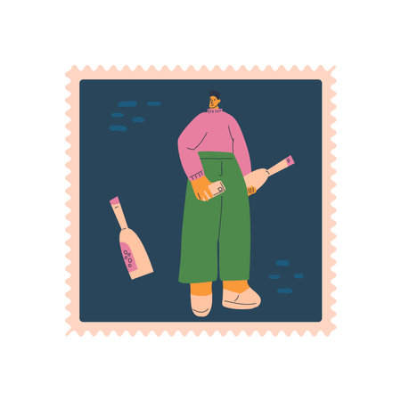 Wine lover postal stamp isolated on white background. Stylized young male character with wine square sticker. Vector hand drawn illustrationのイラスト素材