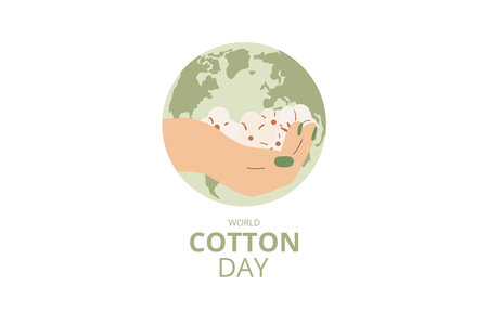 World cotton day banner template. Hand holding cotton bolls on Earth emblem. Purity, innocence, and new beginnings symbols. Vector illustration.のイラスト素材