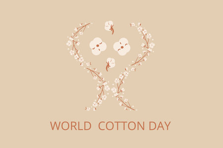 World cotton day card template. Ripe cotton balls emblem. Vector illustration.のイラスト素材