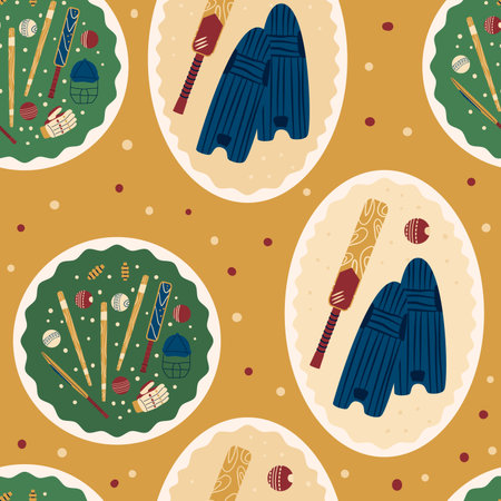 Cricket seamless pattern. Round and oval stickers endless background. Bat, leg pads and helmet with ball repeat cover. Sport game equipment continuous ornament. Vector hand drawn flat illustration.のイラスト素材