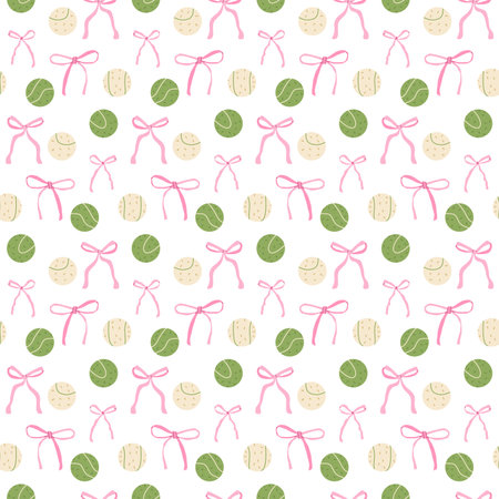 Tennis ball and bow seamless pattern. Preppy serve repeat background. Coquette sport. Vector continuous surface design.のイラスト素材