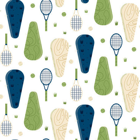 Tennis seamless pattern. Racket, balls and bags tennis on the grass court repeat background. Vector flat continuous surface design.のイラスト素材