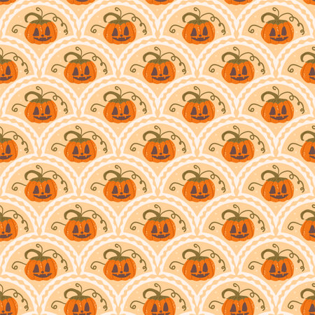 Halloween Pumpkins scallop seamless pattern. Jack O Lantern arch repeat background. All Hallows' Eve retro endless design. Vector hand drawn flat illustration.のイラスト素材