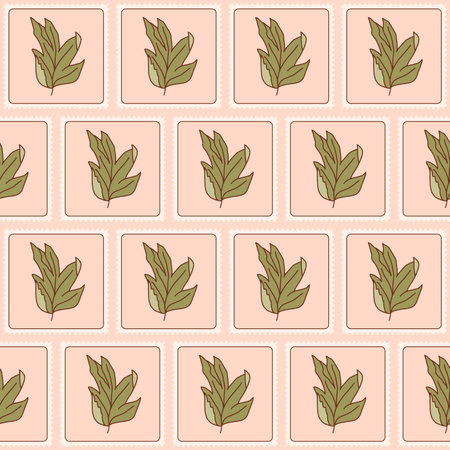 Leaf quilted seamless pattern. Plant patchwork repeat background. Floral retro post stamps endless design. Vector hand drawn illustration.のイラスト素材