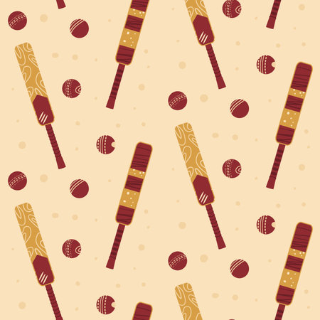 Cricket seamless pattern. Bat and ball endless background. Hobby repeat cover. Sport game equipment continuous ornament. Vector hand drawn flat illustration.のイラスト素材