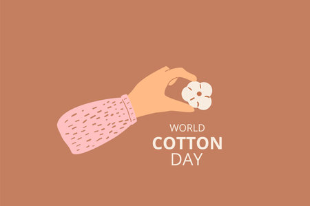 World cotton day banner template. Hand holding ripe cotton boll emblem. Vector illustration.のイラスト素材