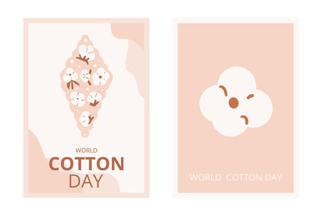 World cotton day greeting cards templates set. Ripe cotton bolls emblems collection. Purity, innocence, and new beginnings symbols. Vector illustration.のイラスト素材