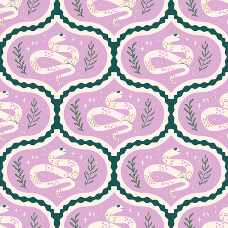 Snakes damask seamless pattern. Reptiles repeat background. Animal surface pattern design. Vector...